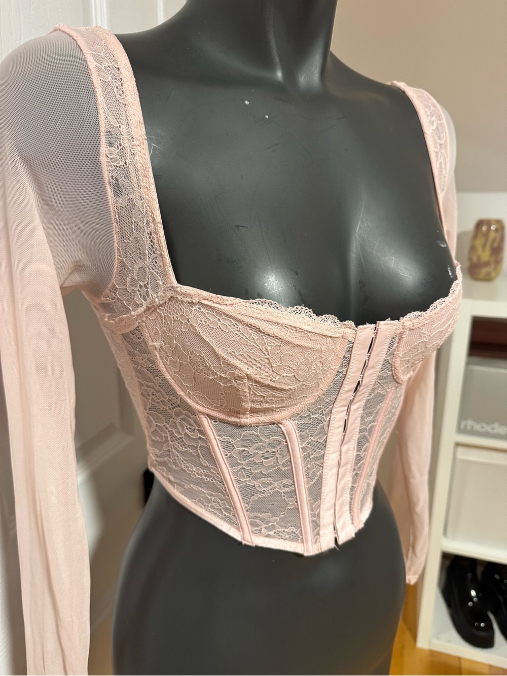 Sheer Lace Long-Sleeve Bustier in Blush Pink - Picture 2 of 5